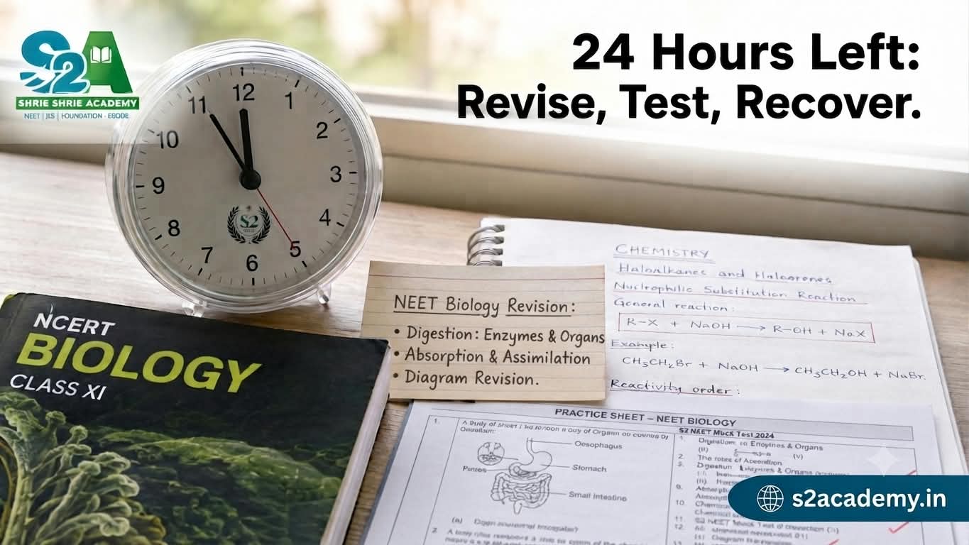 Final-day NEET revision materials arranged beside a countdown clock.