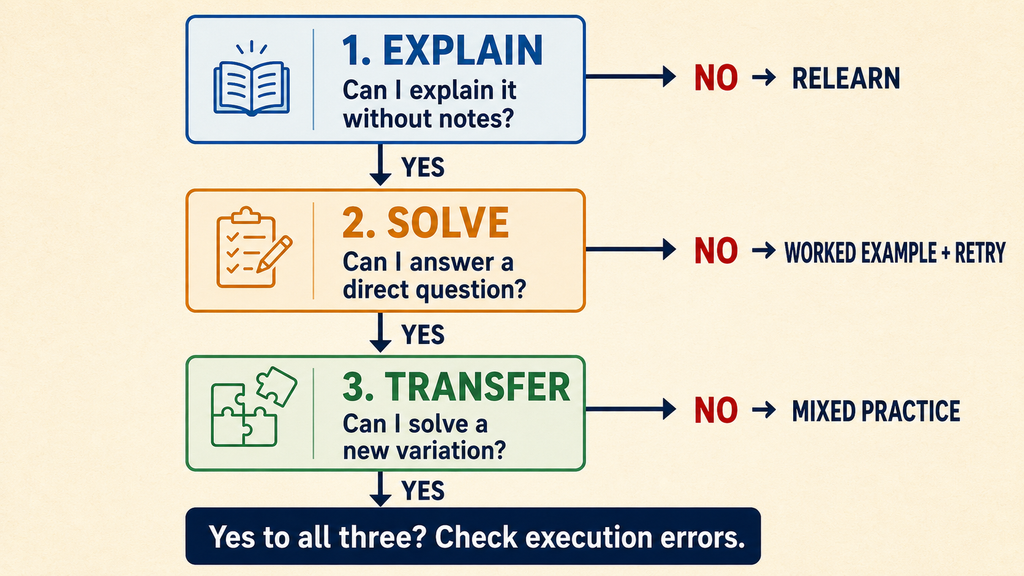 Five-minute NEET/JEE diagnostic flowchart for separating understanding and application weaknesses.