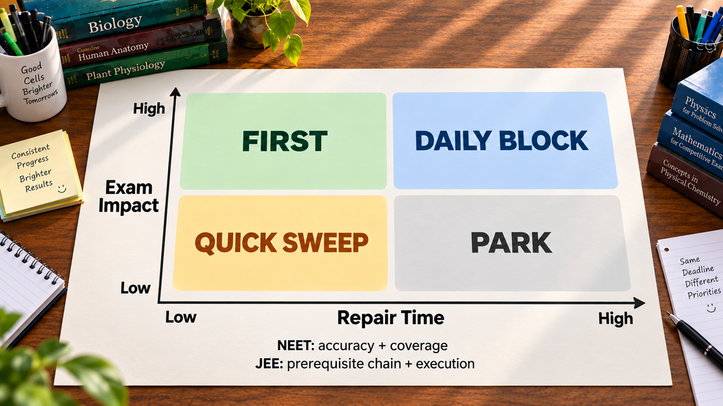NEET and JEE two-by-two rescue map comparing exam impact with repair time.