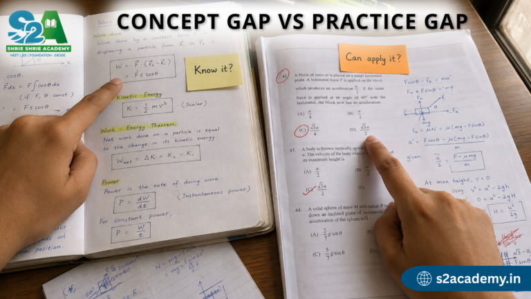 NEET/JEE diagnostic illustration separating a wrong answer into concept and practice gaps.