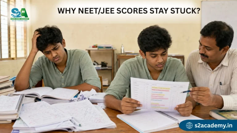 NEET/JEE student reviewing repeated test-score problems through a structured correction process.