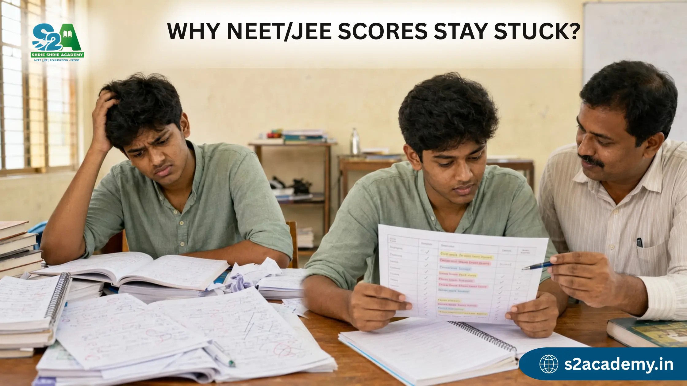 NEET/JEE student reviewing repeated test-score problems through a structured correction process.